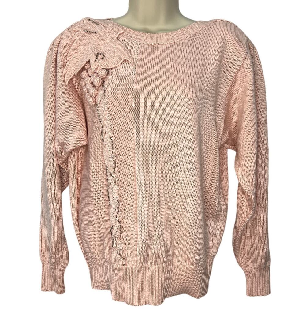 Vintage Toni Sweater Pink Leaf Beaded Embellishment Petite Size PL Long Sleeve